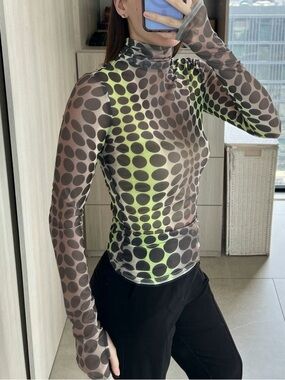 AFRM Neon Green and Gray Sheer Polka Dot Turtleneck Long Sleeve Top